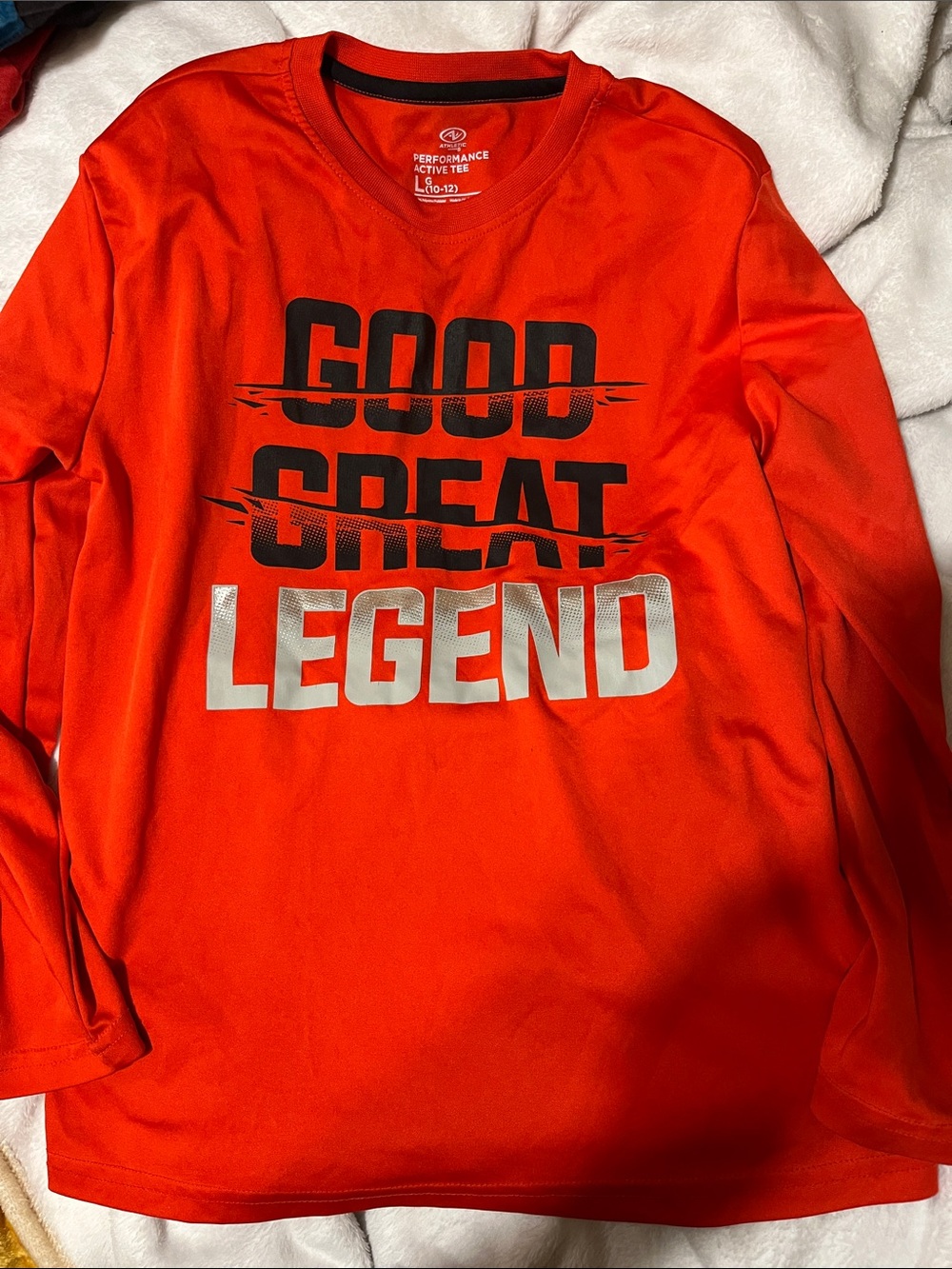 Athletic Works Bright Orange Long Sleeve Tee with "GOOD GREAT LEGEND" Graphic